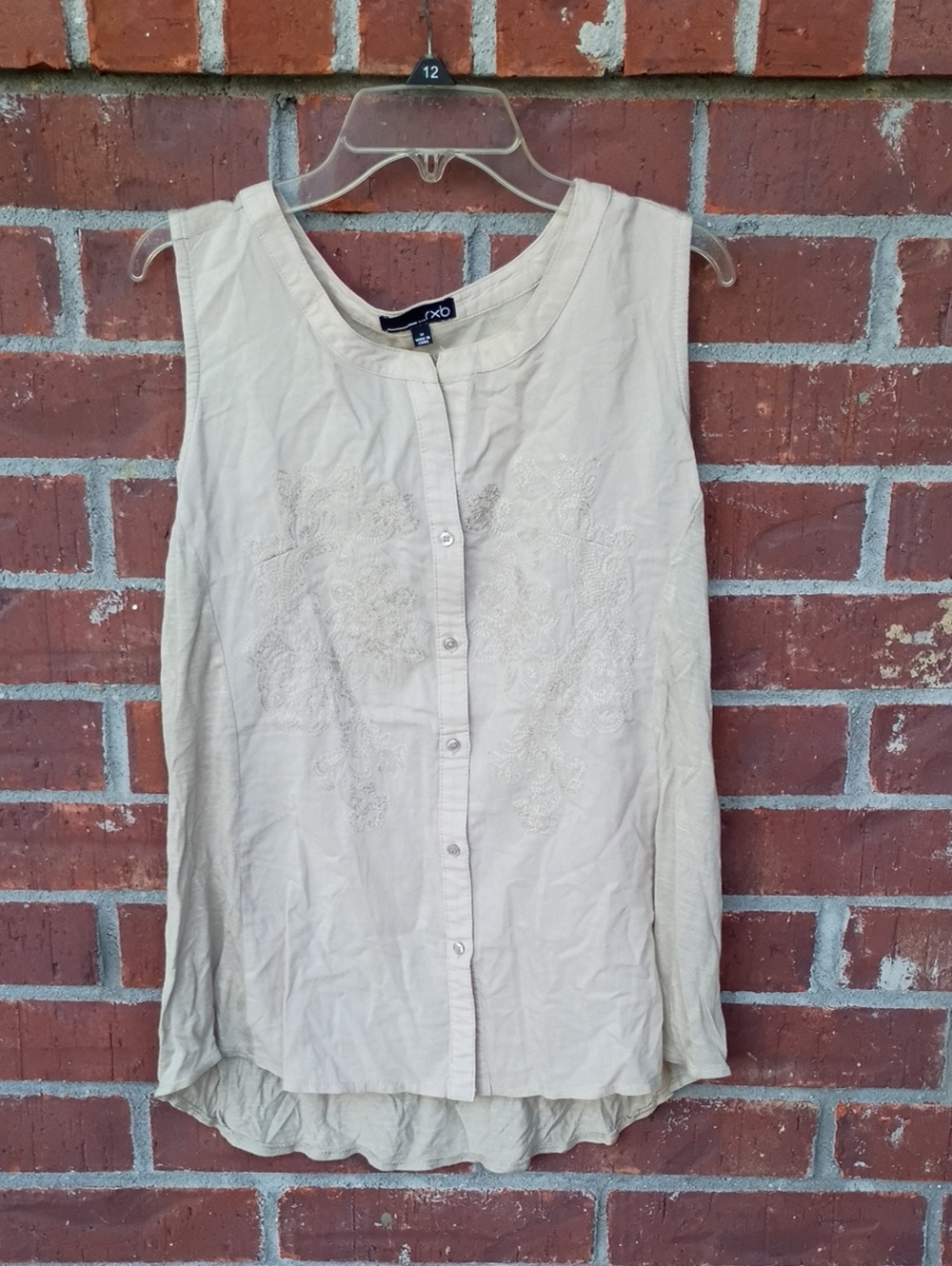 RBX Beige Sleeveless Button-Front Embroidered Top